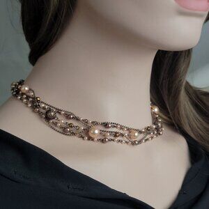 Premier Designs Multi Strand Pink Faux Pearl Beaded Chain Choker Necklace